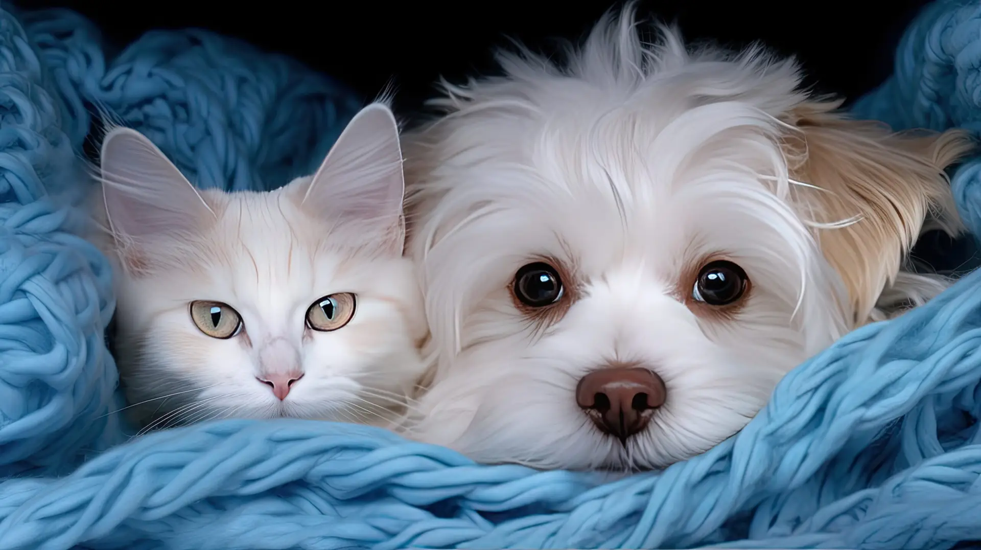 Dog and cat under a plaid.