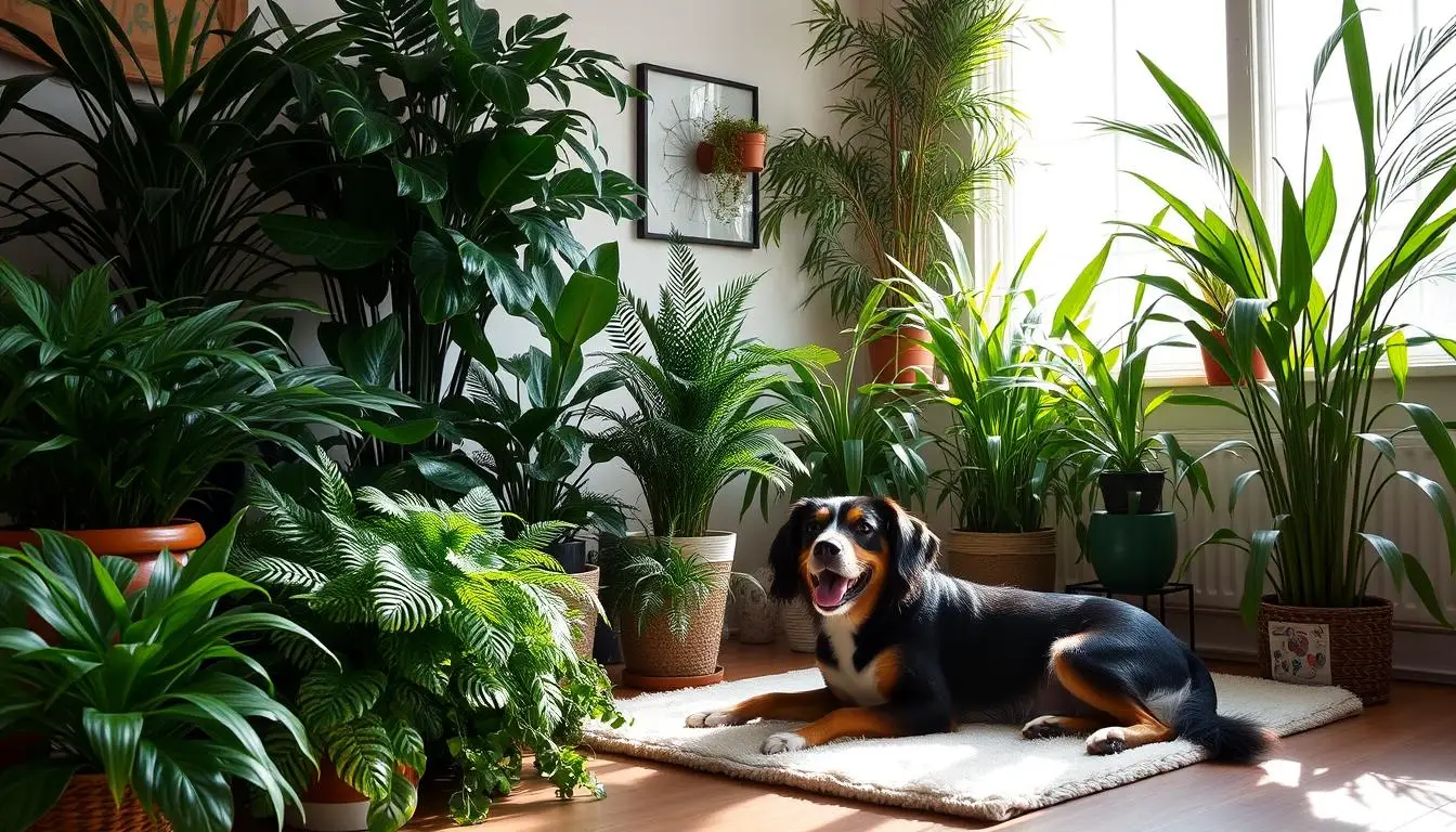 Dog near plants