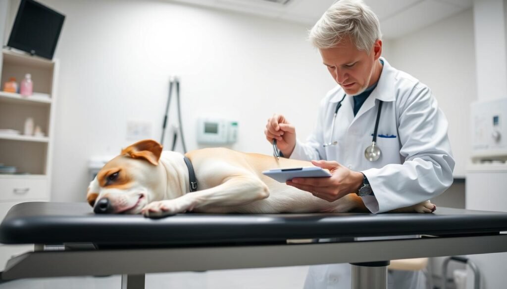 veterinarian examining a dog for zoonotic diseases