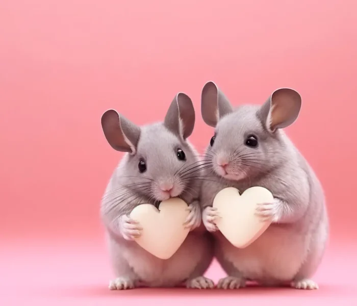 Two chinchillas holding hearts.